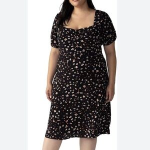 Sanctuary Sweetheart-Neck Puff-Sleeve Midi Dress‎ floral black plus size 20W NWT
